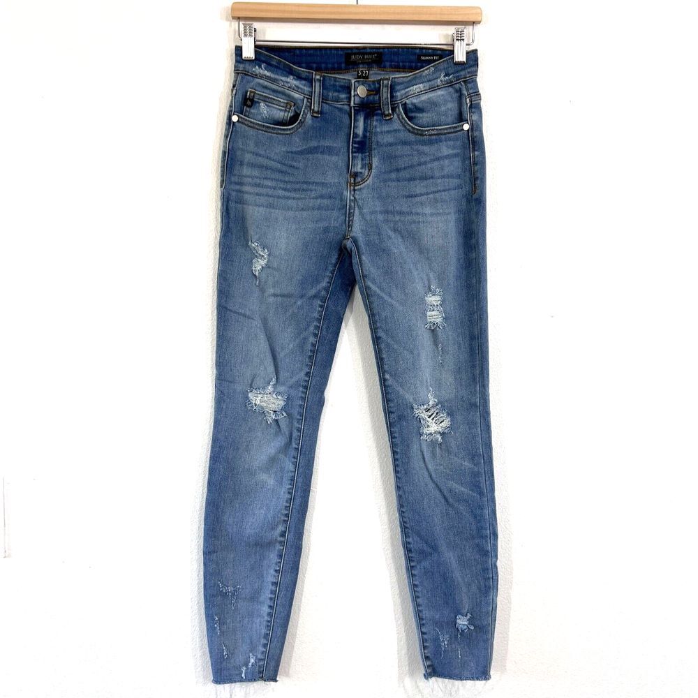 Judy Blue Jeans Womens 5/27 Denim Blue Skinny Fit Mid Rise‎ Distressed Raw Hem